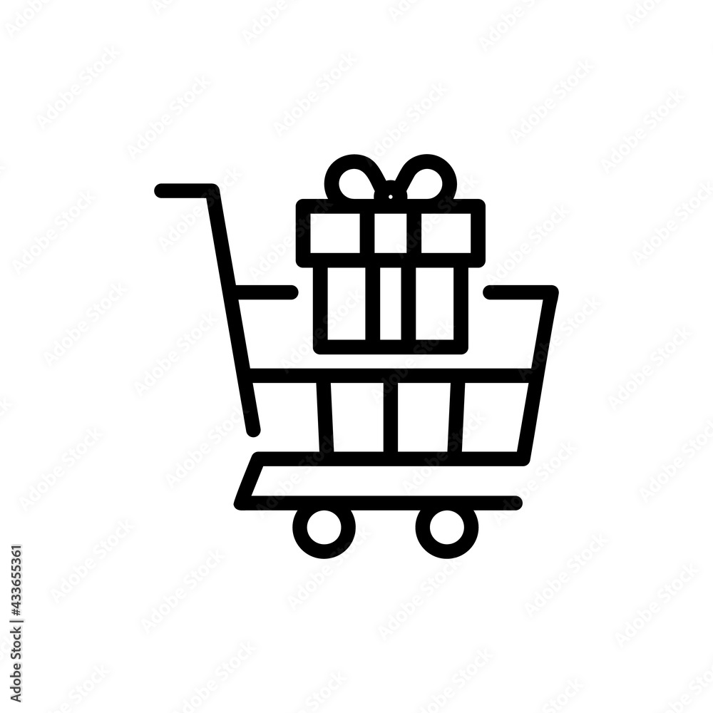 Christmas Xmas Shopping Cart Vector icon in Outline Style. a Trolley with gift box, a symbol for Christmas or Gift Market. Vector illustration icon that can be used for apps, websites, or logo Christmas Xmas Shopping Cart Vector icon in Outline Style. a Trolley with gift box, a symbol for Christmas or Gift Market. Vector illustration icon that can be used for apps, websites, or logo