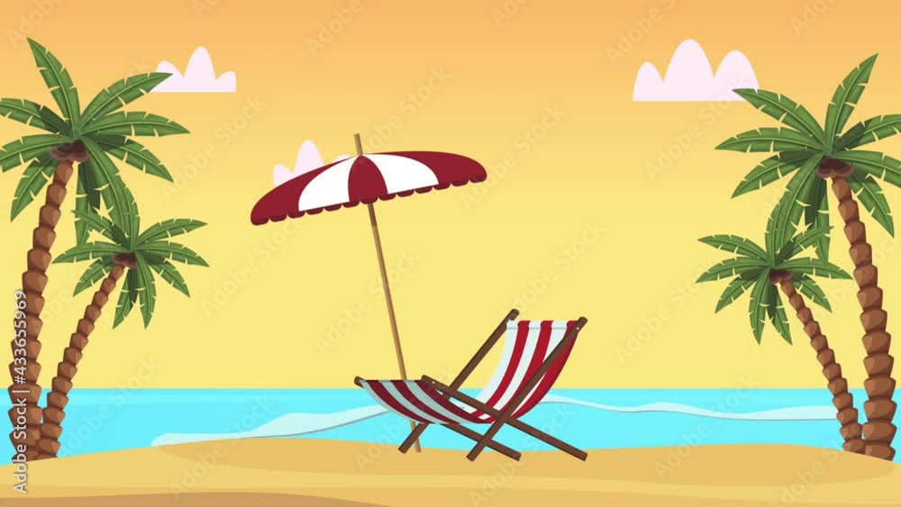summer beach seascape scene with umbrella and chair