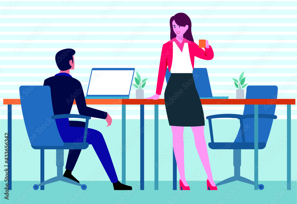 Businessman and businesswoman discussing with computer at desk, pointing at monitor screen, working together at workplace office. Businessman and businesswoman discussing with computer at desk, pointing at monitor screen, working together at workplace office.