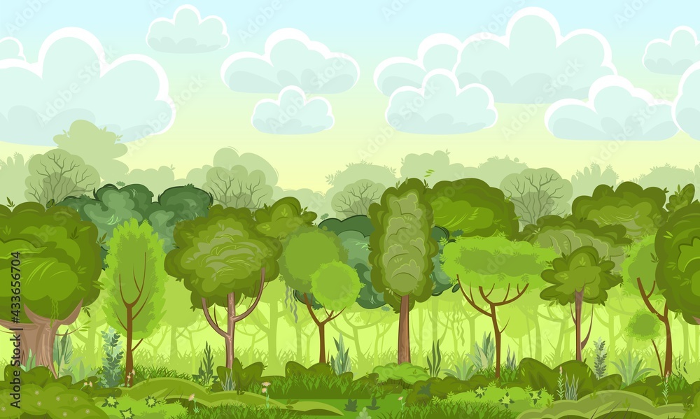 Light foggy forest. Illustration Seamless landscape. Grass and dense foliage. In summer. View of the green trees. Blooming meadow glade at the edge. Cartoon flat style. Seamless. Vector