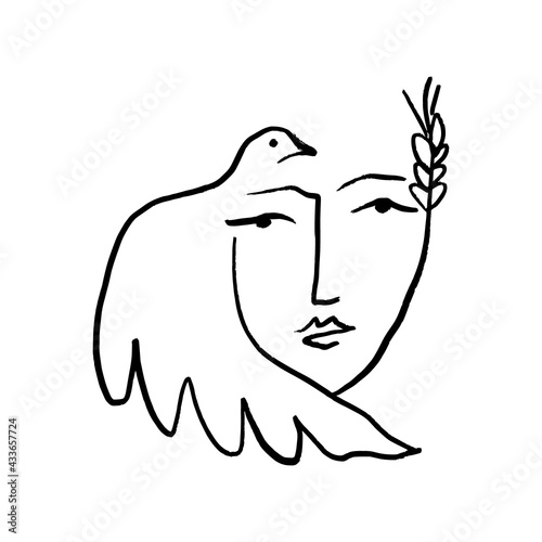 Modern abstract line art face woman portrait silhouette, pigeon freedom symbol.