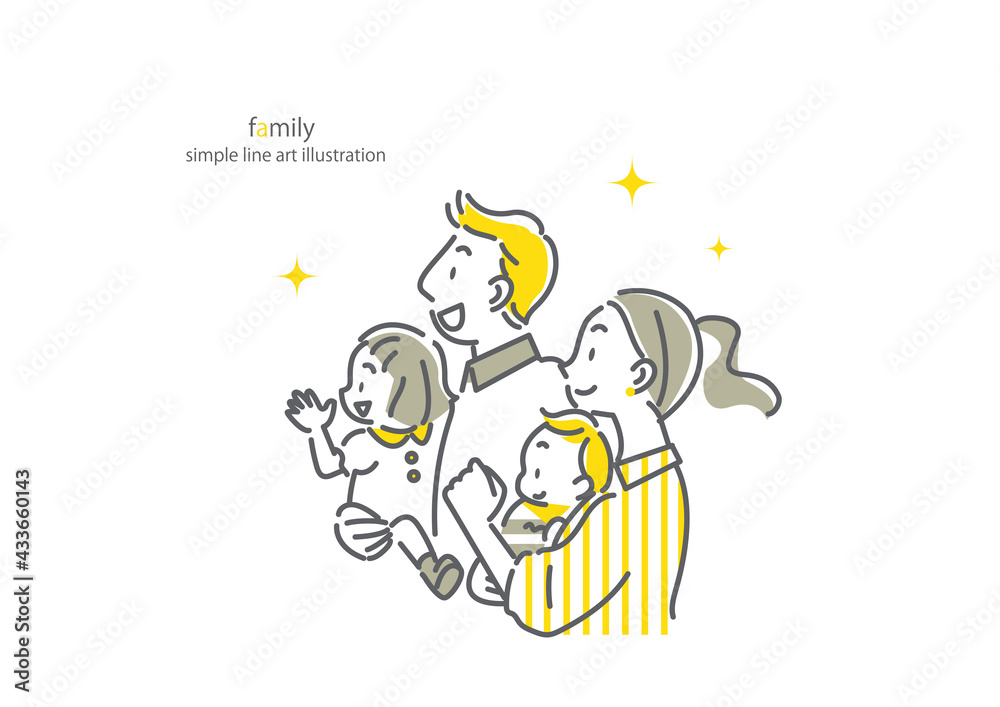 ポジティブな四人家族のシンプルでお洒落な線画イラスト 明るい未来イメージ コンセプト Stock Vector Adobe Stock