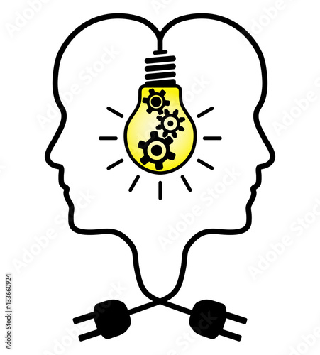 Continous draw of two heads and light bulb with gears. Teamwork concept vector design to use in company collaboration, deep dive, brainstorm, idea concept progects and presentations. photo