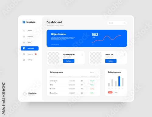 Dashboard design. Desktop app with UI elements. Use for web application or website.