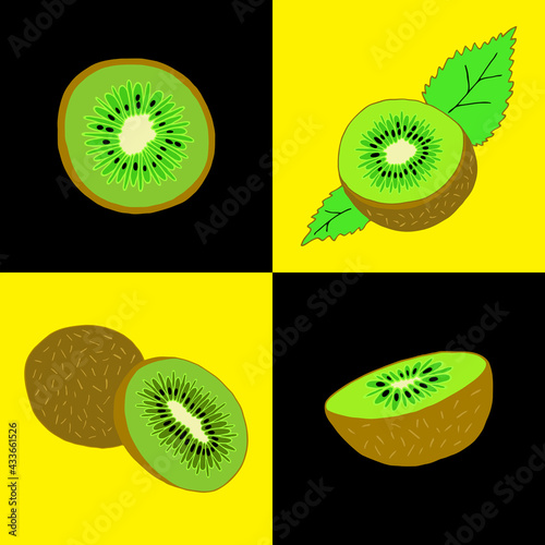 Bright illustration with kiwi fruit on isolated squares. Vector drawing.