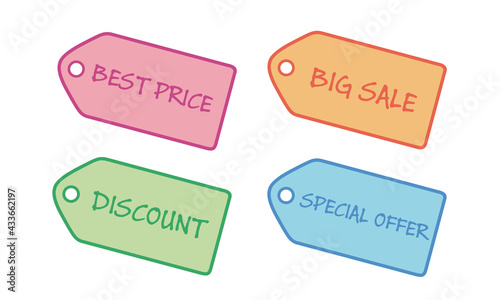 Set of colorful hand drawn discount label tags