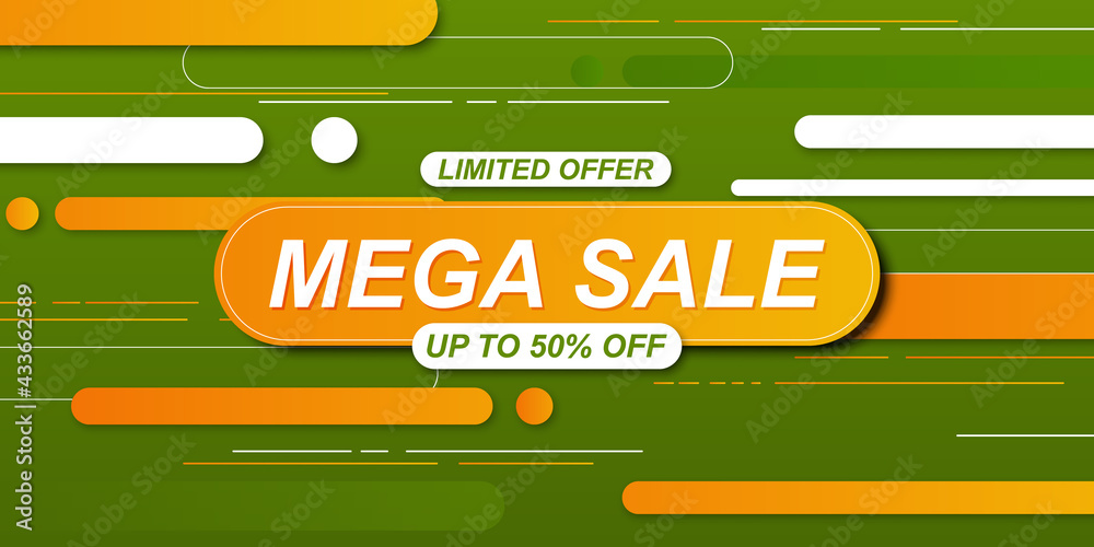 Fototapeta premium Sale banner background with orange rounded stripes and lines on green. Abstract background.