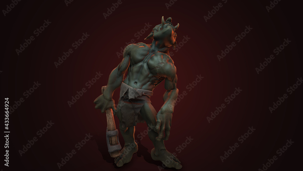Fantasy character Troll Berserker in epic pose - 3D render on dark background Fantasy character Troll Berserker in epic pose - 3D render on dark background