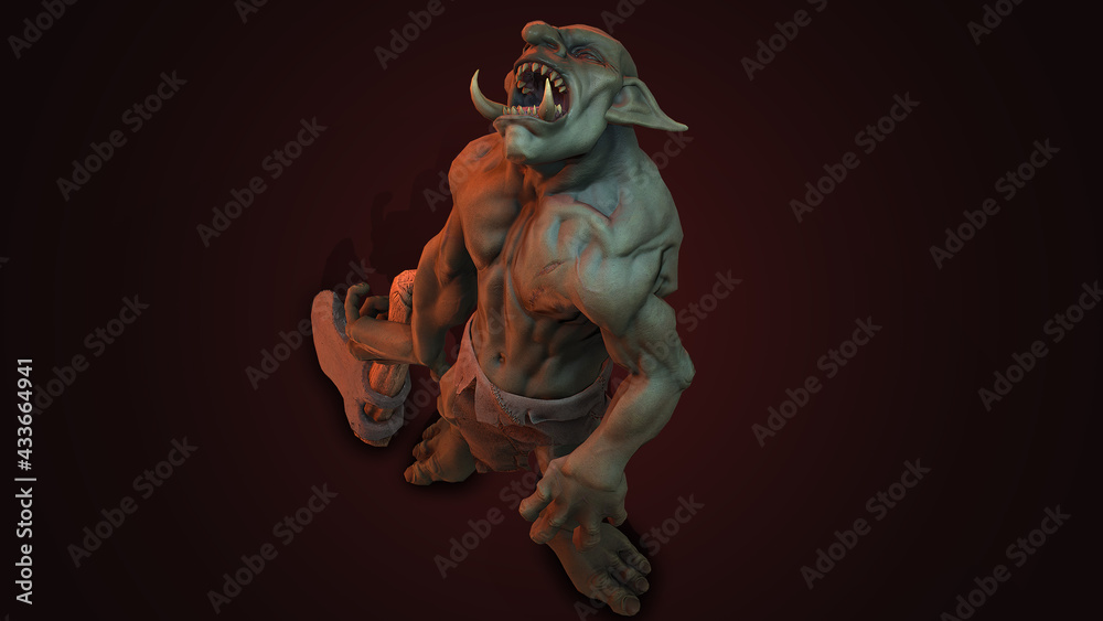 Fototapeta premium Fantasy character Troll Berserker in epic pose - 3D render on dark background