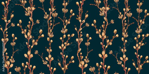 Watercolor seamless pattern with willow branches. Hand drawn willow wood isolated on dark blue background. Spring illustration for design, print, fabric or background. Template for holiday.