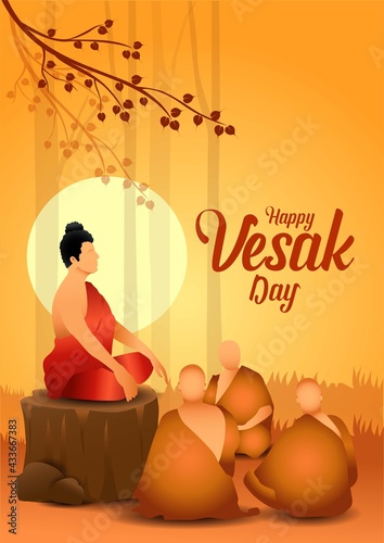 Happy Vesak Day, Buddha Purnima wishes greetings buddha with nature. Can be used for poster, banner, logo, background, greetings, print design, festive elements. vector illustration.