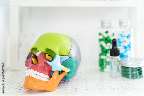 Plastic and glass bottles on shelf above bright cranium on table in lab on white background