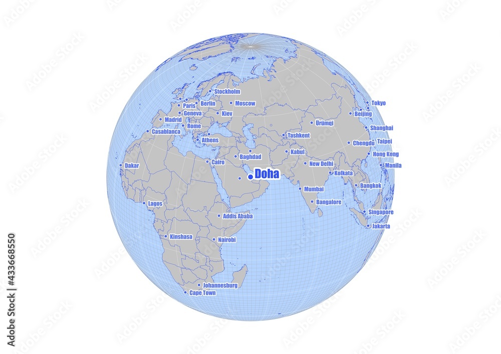 Doha Qatar Map At The Center Of A Global View Of The World Map Showing Doha Qatar S Position On The World Map And Other Major Cities Around The World Stock Illustration Adobe Stock