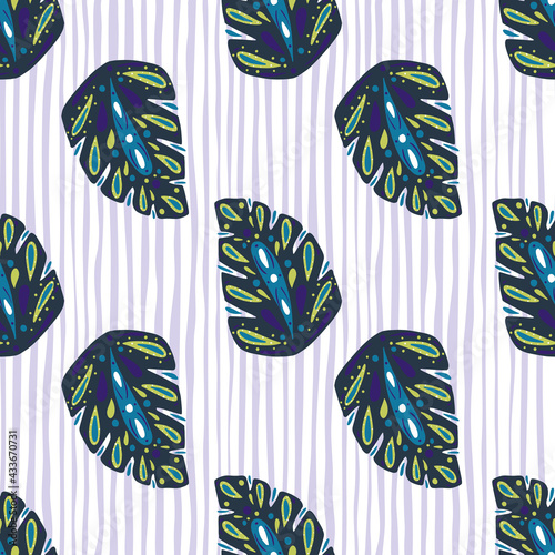 Navy blue folk monstera leaf print seamless pattern in doodle style. Grey striped background.