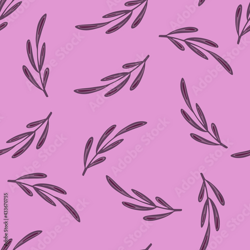 Minimalistic style seamless pattern with purple contoured doodle branches print. Lilac background. Floral print.