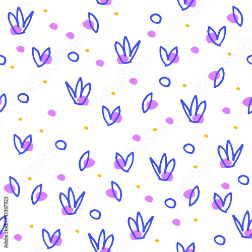 Abstract flowers, hand drawn. Seamless pattern in vector. Blue, pink and yellow. Floral, botanical for spring and summer. Super cute print for fabric or wrapping paper. Tiled graphic.