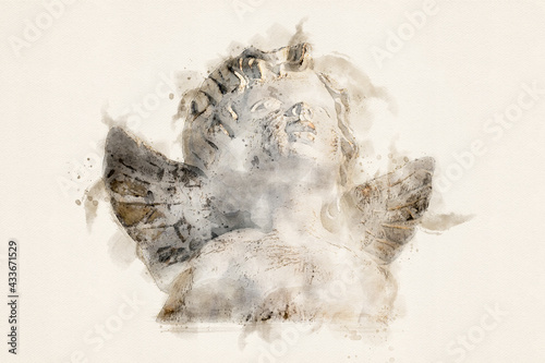 Portrait of an angel. Elegant, vintage design. Spiritual concept, religion, belief, love and hope. Aquarelle, watercolor illustration.