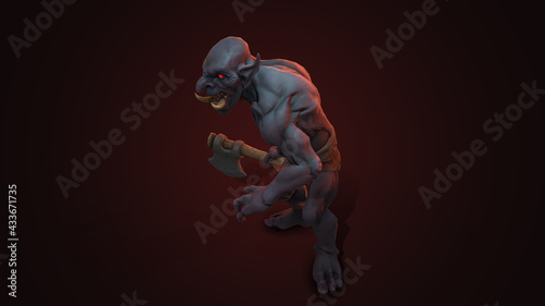 Fototapeta Naklejka Na Ścianę i Meble -  Fantasy character Troll Berserker in epic pose - 3D render on dark background
