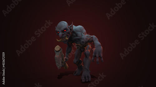 Fototapeta Naklejka Na Ścianę i Meble -  Fantasy character Troll Berserker in epic pose - 3D render on dark background
