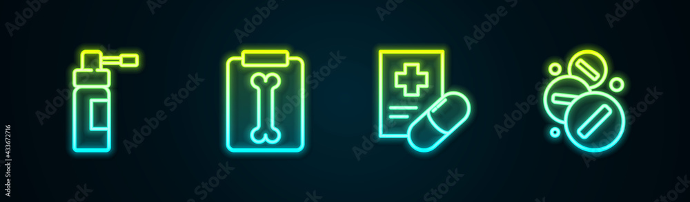 Set line Bottle with nozzle spray, X-ray shots, Medical prescription and Medicine pill or tablet. Glowing neon icon. Vector Set line Bottle with nozzle spray, X-ray shots, Medical prescription and Medicine pill or tablet. Glowing neon icon. Vector