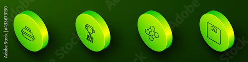 Set Isometric line Stone for curling sport game, Award cup, Dumbbell and Bathroom scales icon. Vector