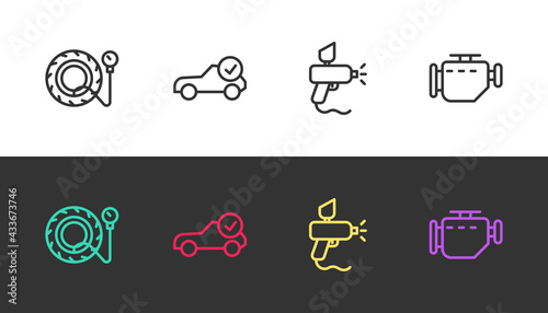 Set line Tire pressure gauge, Auto service check automotive, Paint spray gun and Check engine on black and white. Vector