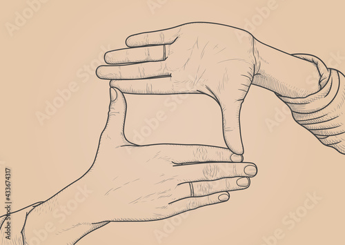Female hands are planning a focus in the frame. Vector illustration in hand drawing style on vintage background. EPS 10, isolate. Copy space. Photo school concept.