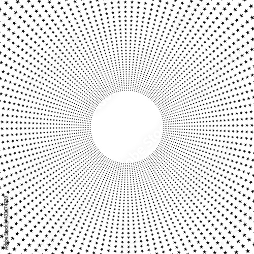 Screen printing pattern with stars. Radiant frame. Circular pattern. Pop art round halftone frame isolated on white. Star print.