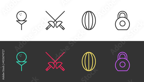 Set line Golf ball on tee, Fencing, Rugby and Kettlebell on black and white. Vector