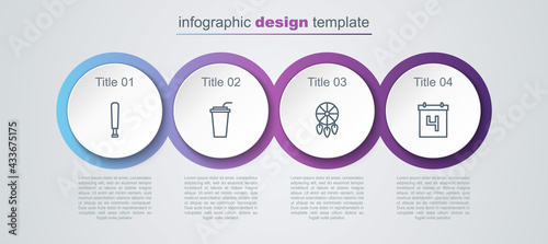 Set line Baseball bat, Paper glass with straw, Dream catcher feathers and Calendar date July 4. Business infographic template. Vector