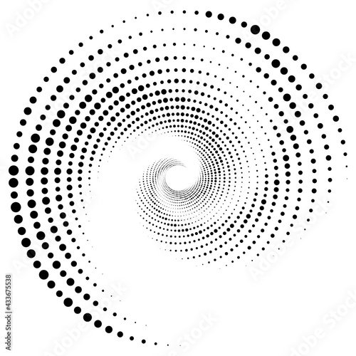 Dotted, dots, speckles abstract concentric circle. Spiral, swirl, twirl element. Circular and radial lines volute, helix. Segmented circle with rotation. Radiating arc lines. Cochlear, vortex