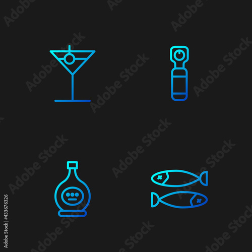 Set line Dried fish, Bottle of cognac or brandy, Martini glass and opener. Gradient color icons. Vector