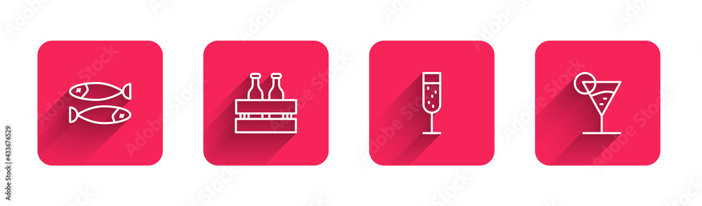 Set line Dried fish, Pack of beer bottles, Glass champagne and Martini glass with long shadow. Red square button. Vector Set line Dried fish, Pack of beer bottles, Glass champagne and Martini glass with long shadow. Red square button. Vector