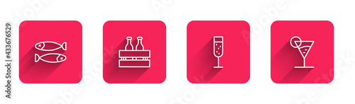 Set line Dried fish, Pack of beer bottles, Glass champagne and Martini glass with long shadow. Red square button. Vector