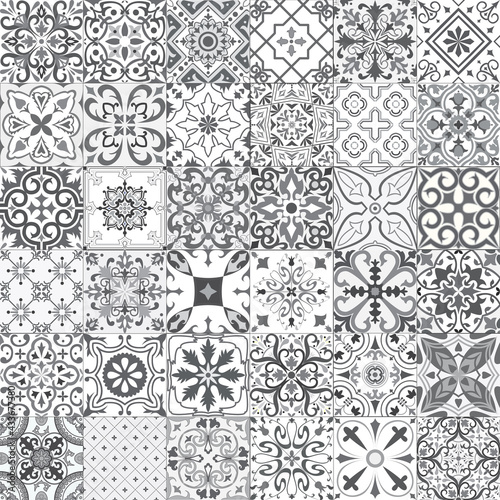 Set of tiles background in grey. Mosaic pattern for ceramic in dutch, portuguese, spanish, italian style.