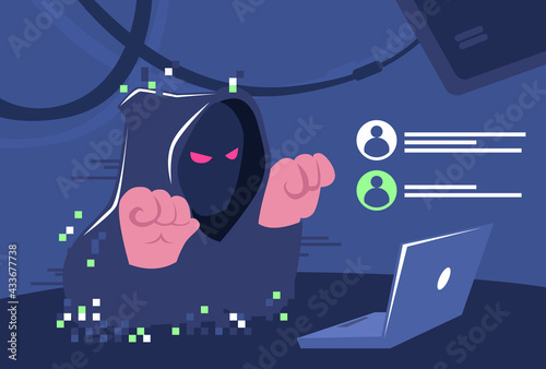 An elusive hacker breaks into accounts. Hacker in a mask with a laptop. Flat style.