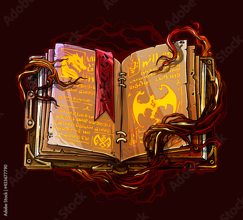 Cartoon colorful detailed old open magic spell books with dragons, strange symbols and bookmark. On background with tree roots. Vector icon.