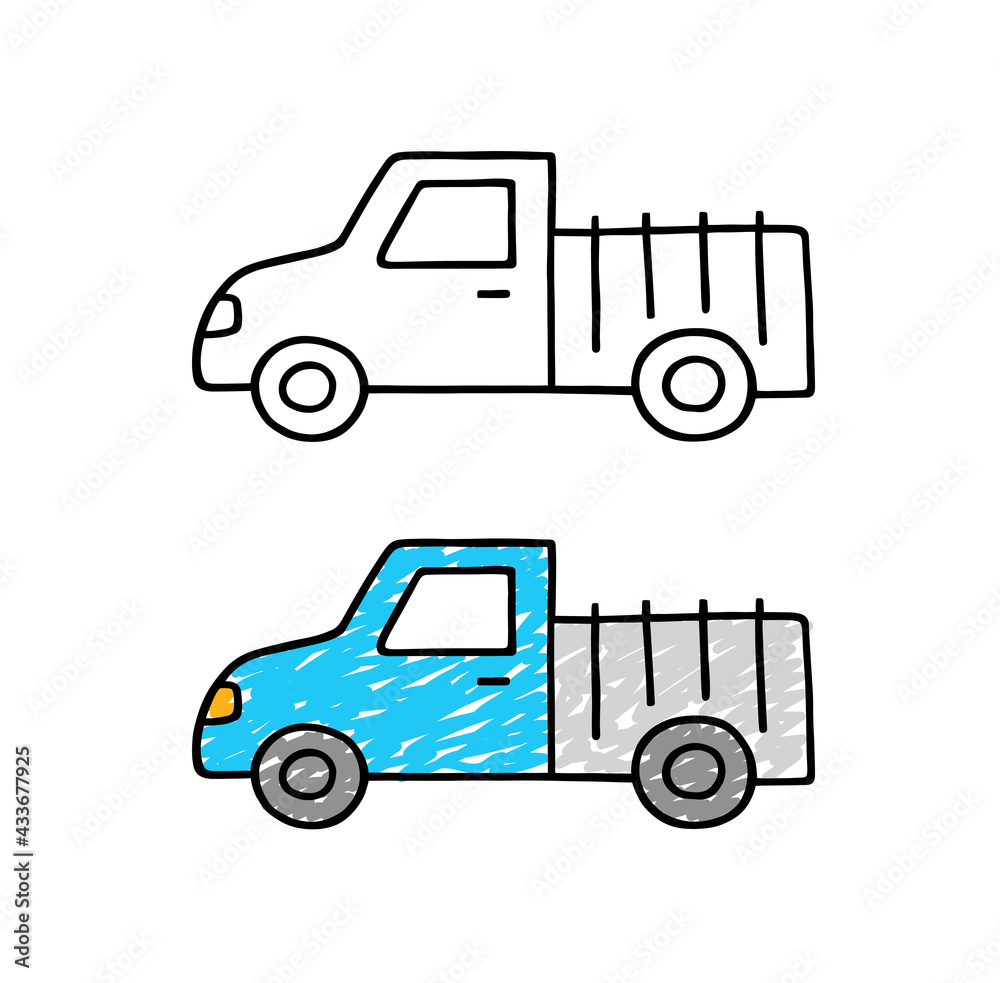 Truck vector illustration isolated on a white background. Hand drawn icon car. Kids doodle.