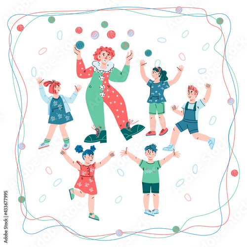 Circus clown juggling for happy cheerful children. Kids circus entertainment, cartoon vector illustration isolated on white background. Design for poster or invitation flyer.