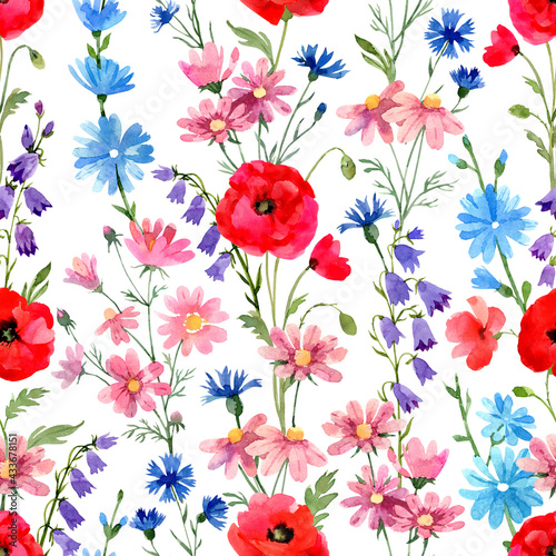 Wild flowers seamless pattern. Poppies  chicory  cosmos flowers  bluebells. Hand drawn watercolor illustration on white background