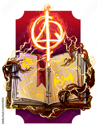 Cartoon colorful detailed old open magic spell books with dragons, strange fire lightning symbols and bookmark. On background with tree roots. Vector icon.