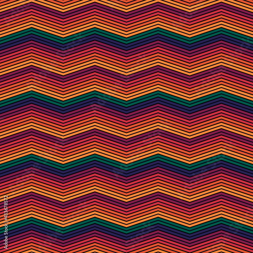 Zigzag lines ornament. Seamless pattern. Jagged stripes motif. Waves ornate. Curves image. Wavy figures background. Ethnic digital paper, tribal textile print, web design, abstract. Vector artwork.
