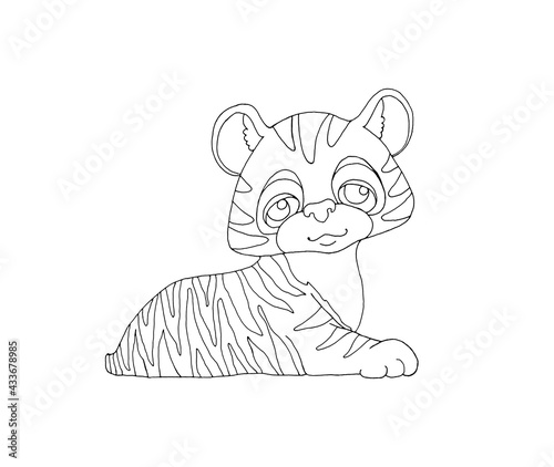 Fototapeta Naklejka Na Ścianę i Meble -  Cute little tiger cub lying. Children's coloring. Symbol of 2022. Illustration isolated on white background in cartoon style.