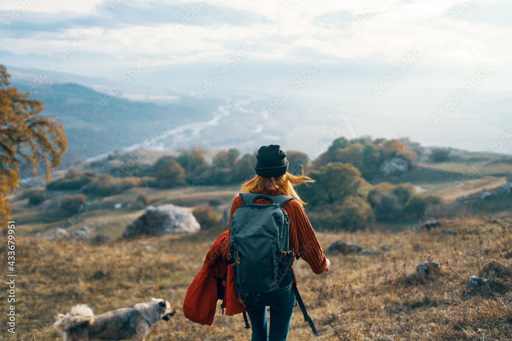 woman hiker travel mountains landscape autumn trees woman hiker travel mountains landscape autumn trees