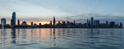 Skyline of Chicago at sunset, Chicago, Illinois, USA