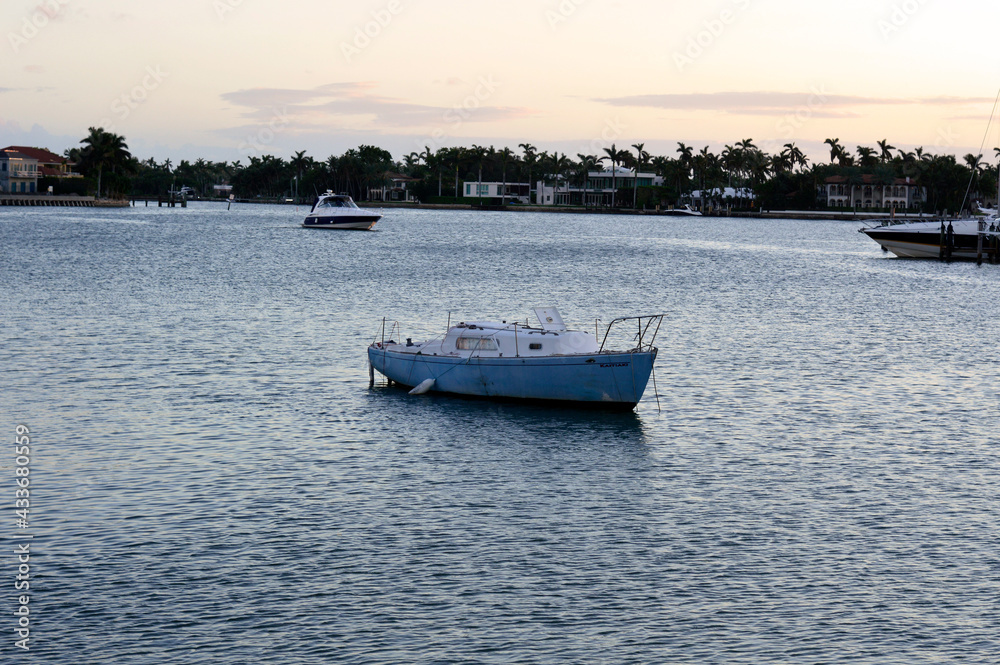 Boating alone in Miami Beach river Boating alone in Miami Beach river