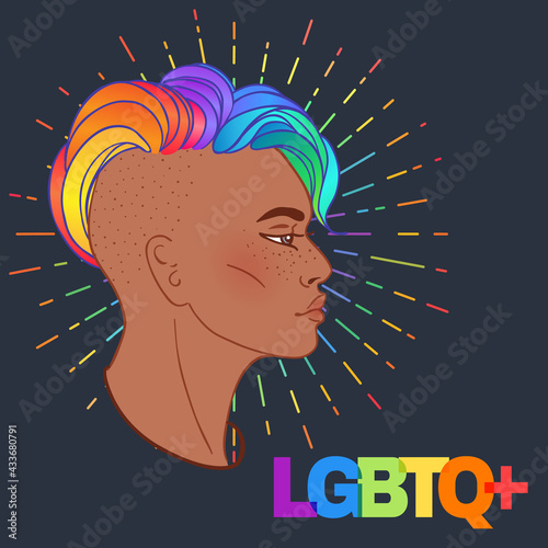 LGBT person with rainbow hair. Non binary african american person. Gay Pride. LGBTQ concept. Isolated vector on gray colorful illustration. Sticker, patch, t-shirt print, logo design.