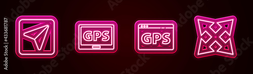 Set line Infographic of city map navigation, Gps device with, and Road traffic sign. Glowing neon icon. Vector