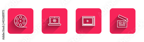 Set line Film reel, Online play video, and Movie clapper with long shadow. Red square button. Vector
