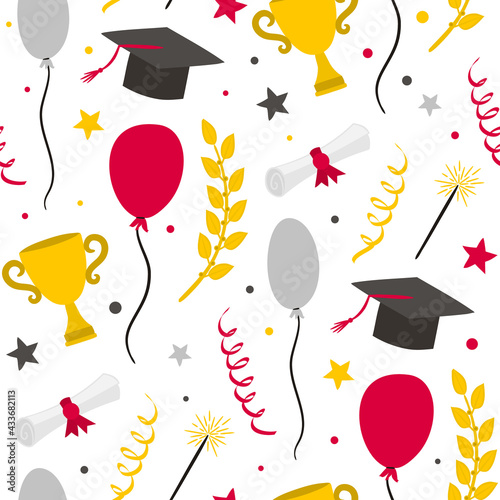 Seamless graduation pattern with doodle style elements. Hand drawn holiday background with flags, balloons, laurel branches, stars and a graduate cap. Vector illustration.